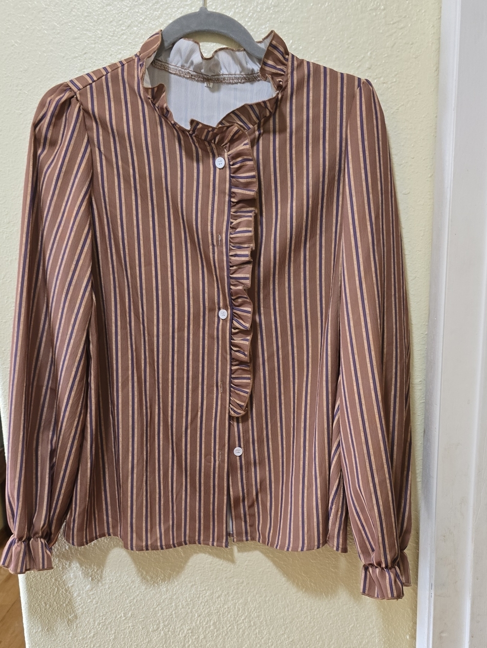 Ruffled Stripe Button-Up Blouse in Brown and Cream